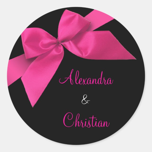 Pink Ribbon Wedding Invitation Announcement RSVP Classic Round Sticker (Front)