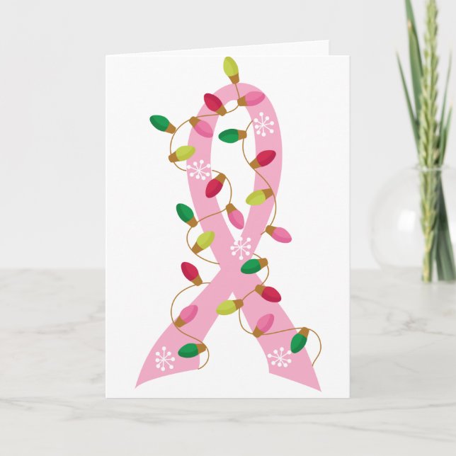 Pink Ribbon With Christmas Lights Breast Cancer Holiday Card (Front)