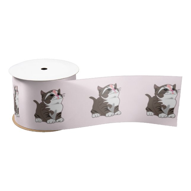 Pink Ribbon with Cute Baby Cat - Customisable Satin Ribbon (Spool)