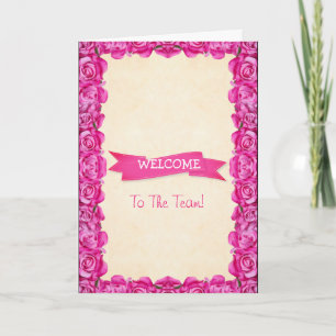 Pink Ribbon with Floral Rose Border Welcome Thank You Card