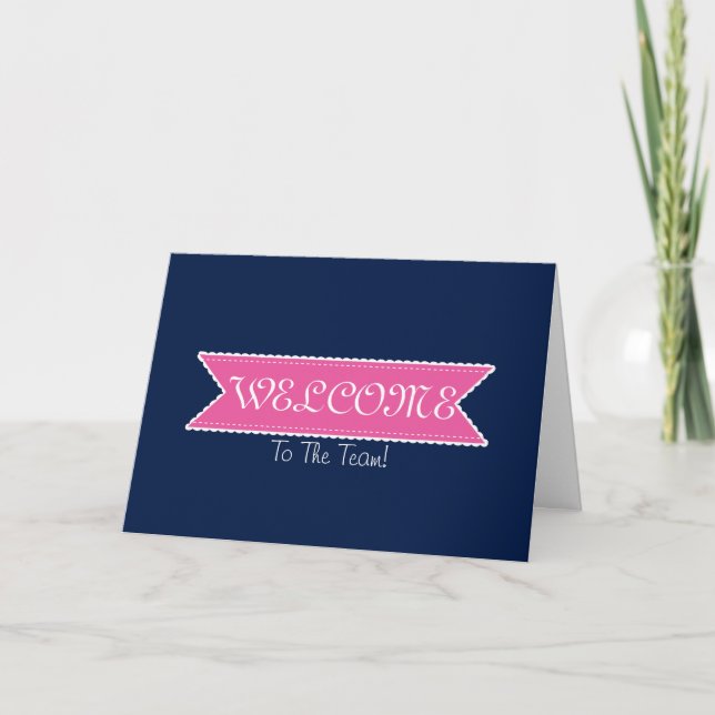 Pink Ribbon with White Border BlueCute Welcome Thank You Card (Front)