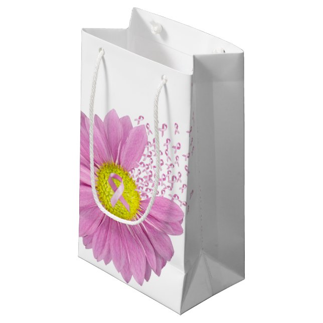 Pink Ribbons and Daisy On White Small Gift Bag (Front Angled)