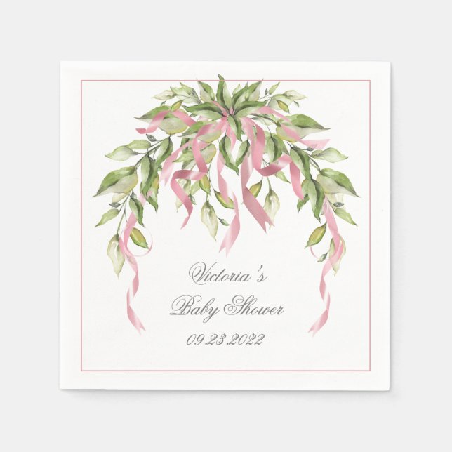 Pink Ribbons Elegant Personalised Baby Shower Napkin (Front)