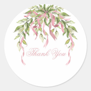 Pink Ribbons Floral Greenery Thank You Classic Round Sticker