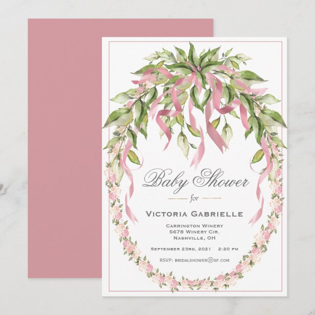 Pink Ribbons Floral Wreath Elegant Baby Shower Inv Invitation (Front/Back)