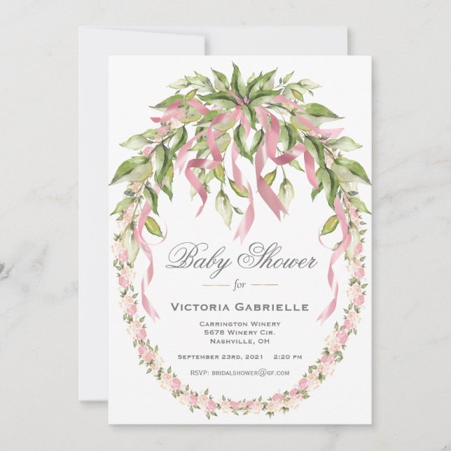Pink Ribbons Floral Wreath Elegant Baby Shower Invitation (Front)
