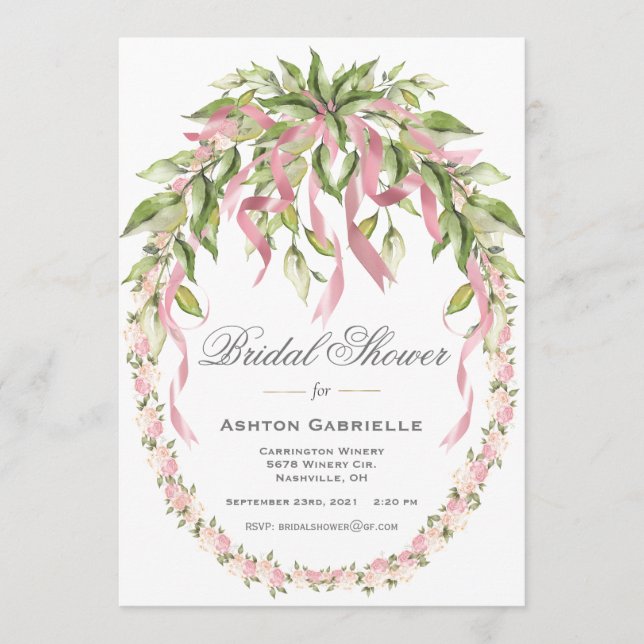 Pink Ribbons Floral Wreath Elegant Bridal Shower Invitation (Front)