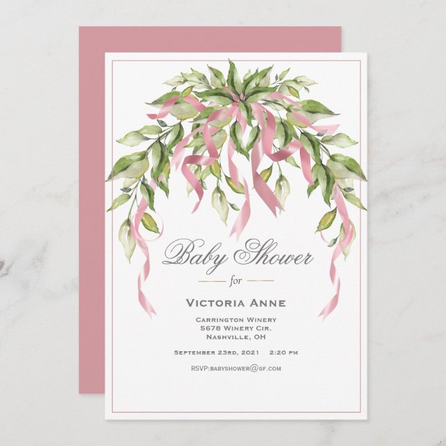 Pink Ribbons Greenery Elegant Baby Shower Invitati Invitation (Front/Back)