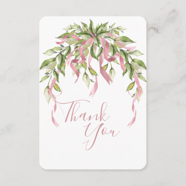 Pink Ribbons Greenery Elegant  Thank You Card (Front)