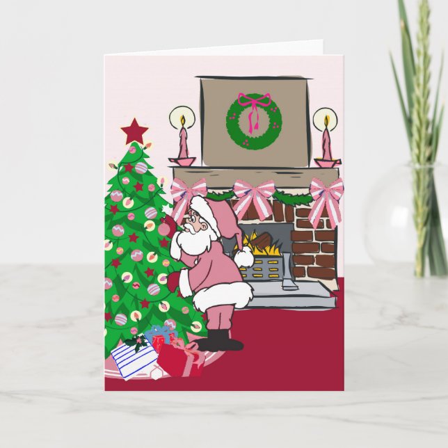 pink ribbons santa holiday card (Front)
