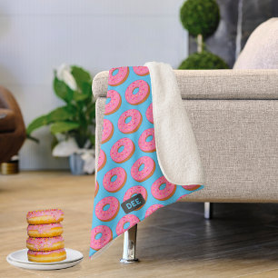 Pink Ring Doughnuts on Blue - Add Your Initials to Sherpa Blanket