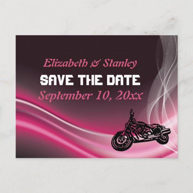 Pink road biker wedding Save the Date postcard (Front)