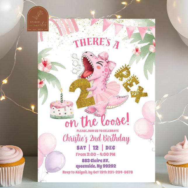 Pink Roaring Dinosaur 2-rex birthday Invitation (Creator Uploaded)