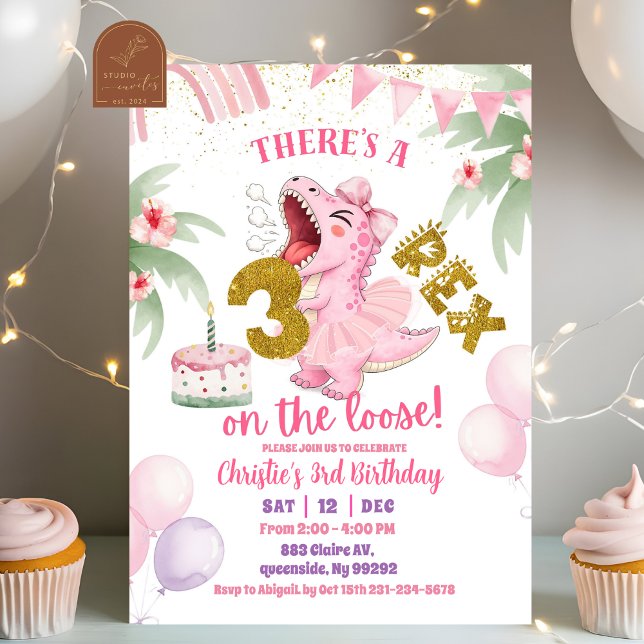 Pink Roaring Dinosaur 3-rex birthday Invitation (Creator Uploaded)