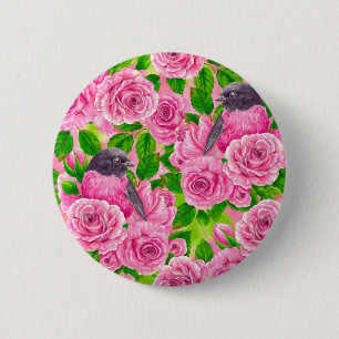 Pink Robin and roses 6 Cm Round Badge