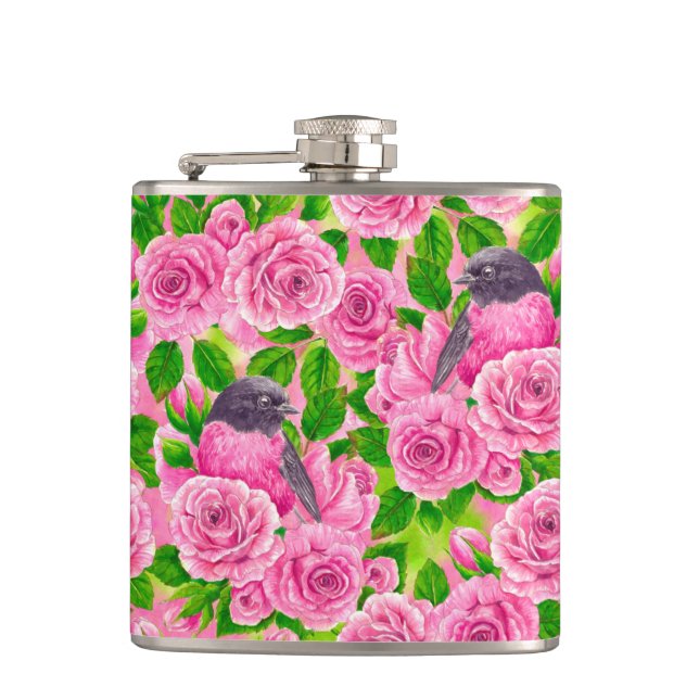Pink Robin and roses Hip Flask (Front)
