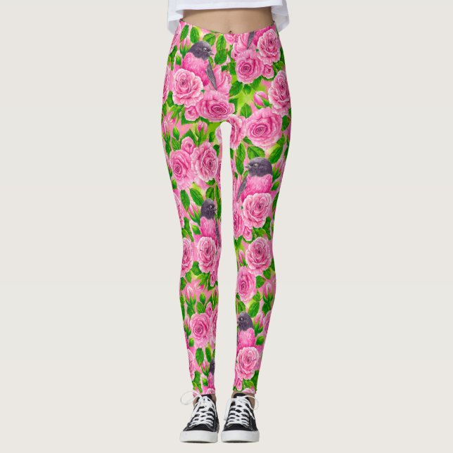 Pink Robin and roses Leggings (Front)