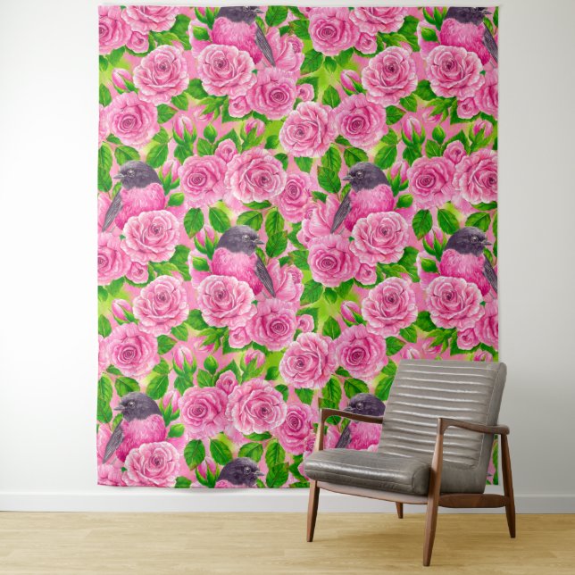 Pink Robin and roses Tapestry (In Situ)