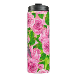 Pink Robin and roses Thermal Tumbler