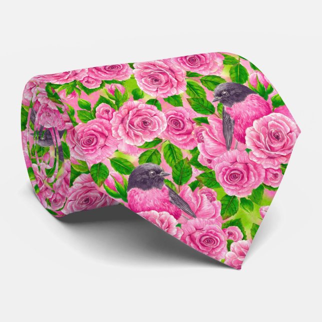 Pink Robin and roses Tie (Rolled)