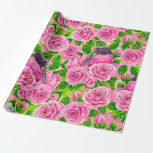 Pink Robin and roses Wrapping Paper