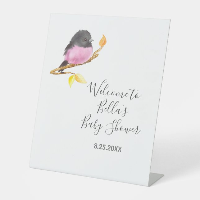 Pink Robin Bird Baby Shower Pedestal Sign (Front)