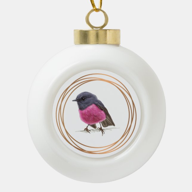 Pink Robin Songbird within a Gold Frame Ceramic Ball Christmas Ornament (Front)