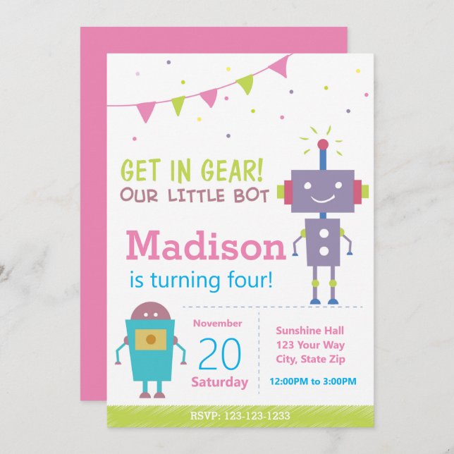 Pink Robot Birthday Part Invitation (Front/Back)