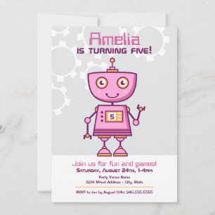 Pink Robot Girl Birthday Party Invitation