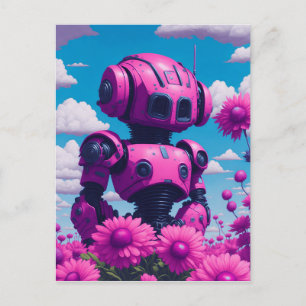 pink robot in pink flowers  postcard