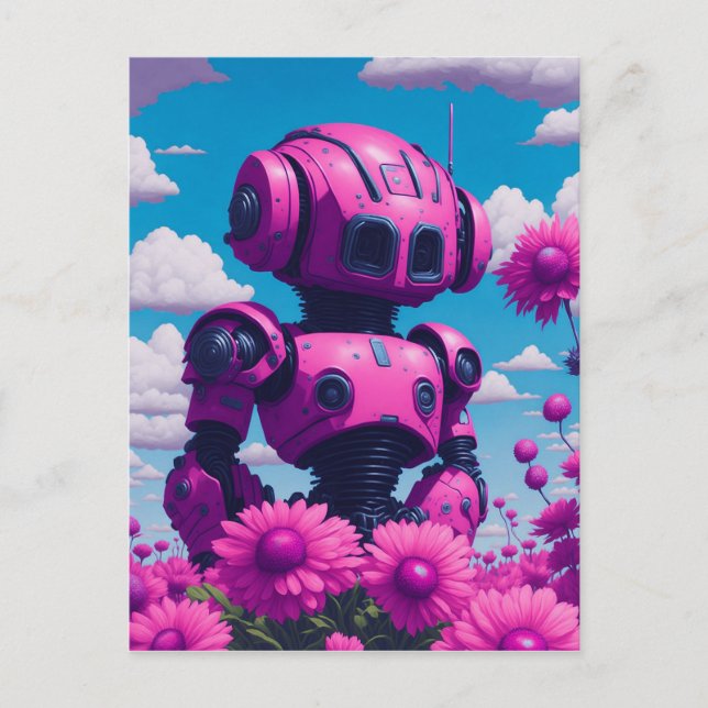 pink robot in pink flowers  postcard (Front)