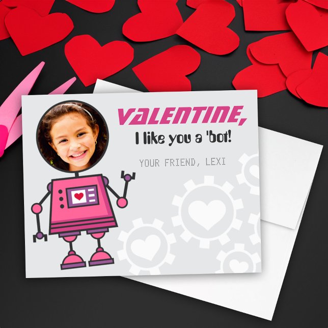 Pink Robot Valentines Day Girl Photo Classroom Holiday Card (Creator Uploaded)
