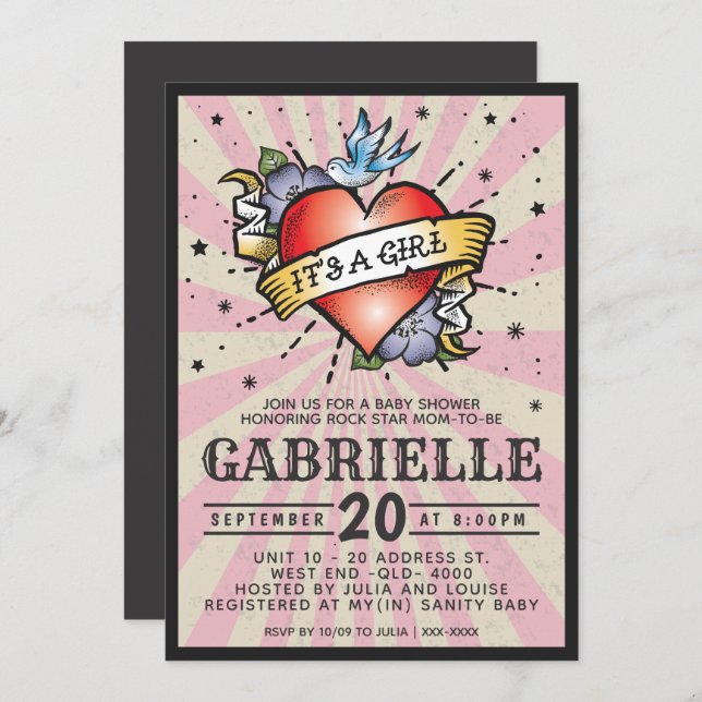 Pink Rock and Roll Tattoo Baby Shower Invitation (Front/Back)