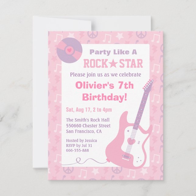 Pink Rock Star Girls Birthday Party Invitations (Front)