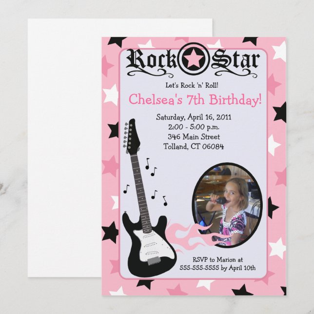 Pink Rock Star Guitar *PHOTO* Birthday 5x7 Invitation (Front/Back)