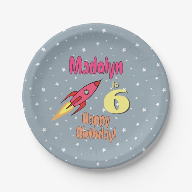 Pink Rocket Personalised Girl Birthday Feminist Paper Plate (Front)