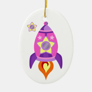 Pink Rocket Ship Ceramic Tree Decoration