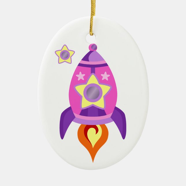 Pink Rocket Ship Ceramic Tree Decoration (Front)