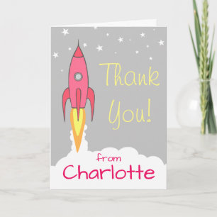 Pink Rocket Ship Kids Personalized Girl Thank You