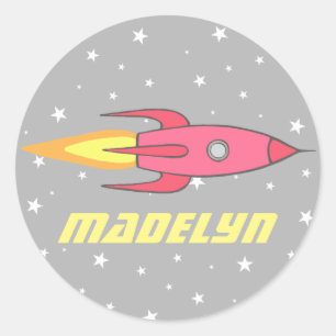 Pink Rocket Ship Outer Space Personalised Kids Classic Round Sticker