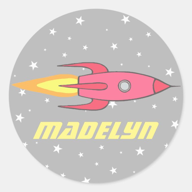 Pink Rocket Ship Outer Space Personalised Kids Classic Round Sticker (Front)