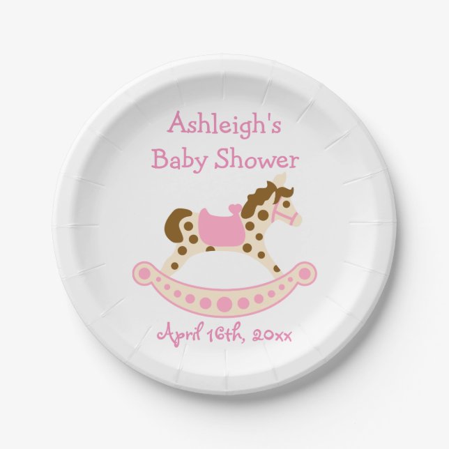 Pink Rocking Horse Baby Shower Paper Plate (Front)