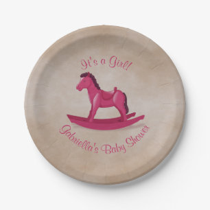 Pink Rocking Horse Baby Shower Paper Plate