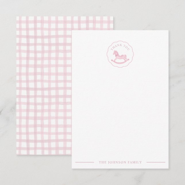 Pink Rocking Horse Baby Shower Thank You Card (Front/Back)