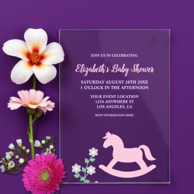 Pink Rocking Horse Girl Baby Shower Acrylic Invitations (Creator Uploaded)