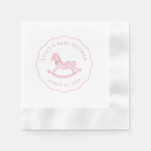 Pink Rocking Horse Girl Baby Shower Napkins (Front)