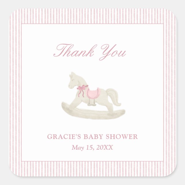 Pink Rocking Horse Girl Baby Shower Thank You Square Sticker (Front)