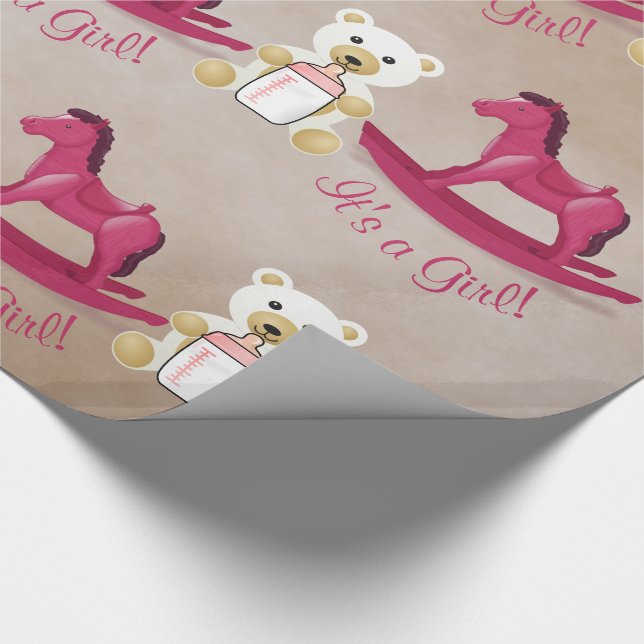 Pink Rocking Horse IT'S A GIRL! Wrapping Paper (Corner)