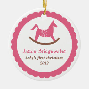 Pink rocking toy horse baby's first christmas ceramic tree decoration