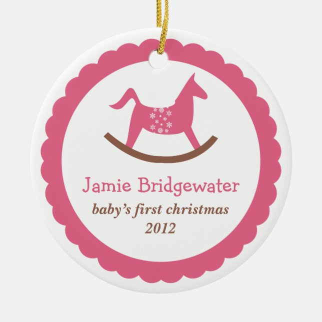Pink rocking toy horse baby's first christmas ceramic tree decoration (Front)